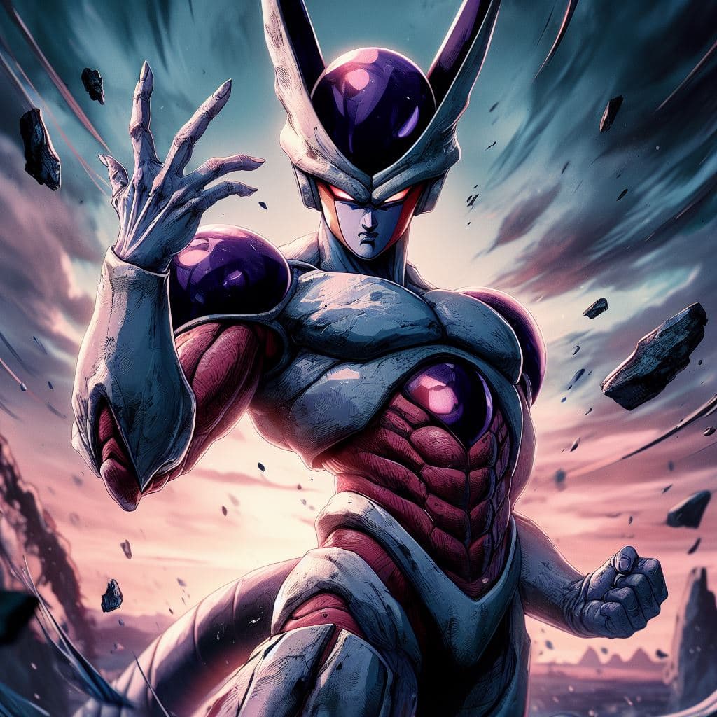 AI generated: badass male character looking like the fusion between Frieza and Cell, intricate, horns, body dynami...