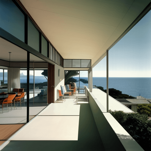 AI generated: Hyper realistic eye level exterior photo of a mid century modern style house overlooking the ocean, ...