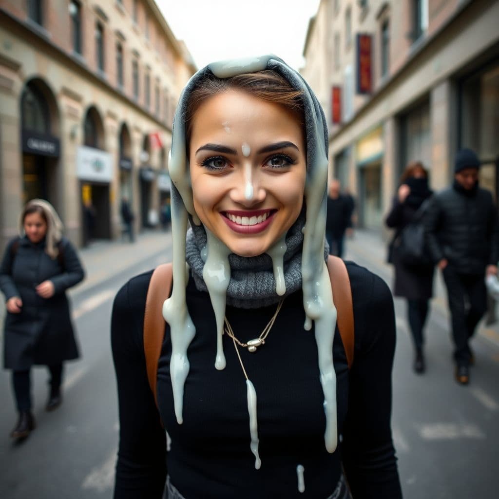 AI generated: A beautiful, Jewish Orthodox woman is walking down a public street. She is wearing the same snood sh...