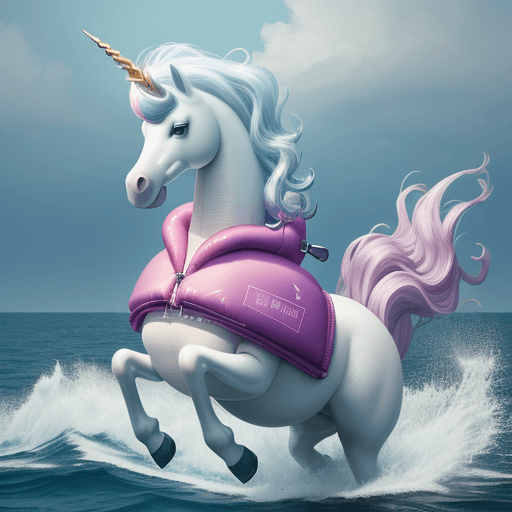 AI generated: unicorn of the sea, not human-like but smiling, wearing a large life jacket, with a crown on the hea...