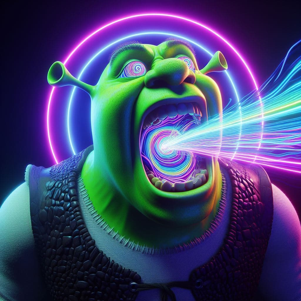 AI generated: Shrek with aroiris eyes, hypnotising, neon lights spewing out of his mouth, masterpiece, octane rend...