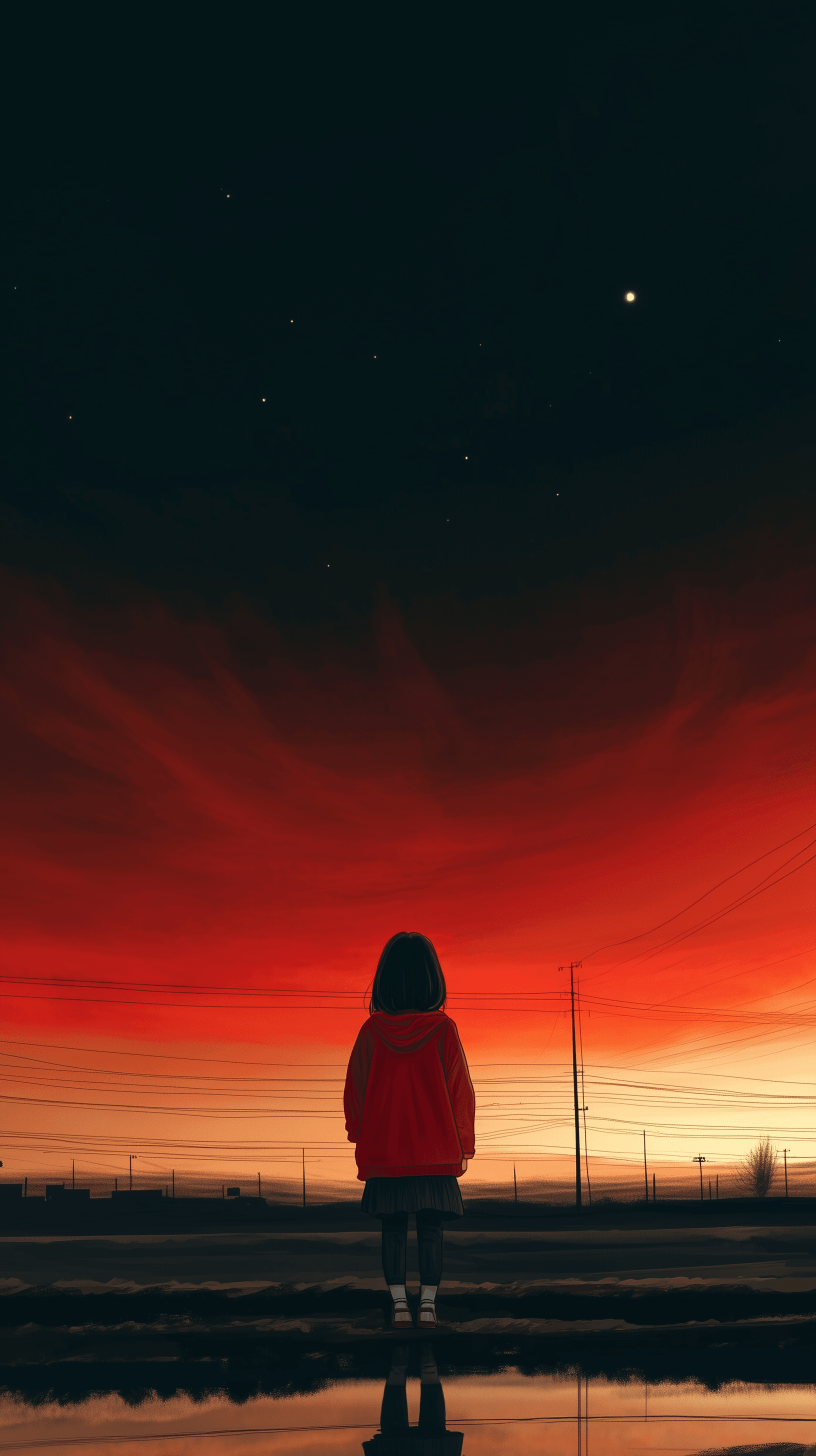 AI generated: cinematic, girl, full body, low angle, gaze, dramatic sky ::2 landscape ::1 , dusk, playful, high re...