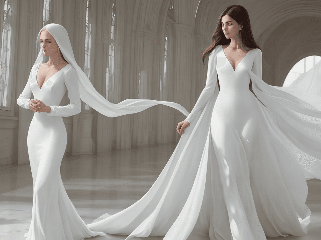 AI generated: The woman is wearing a long, flowing white dress with a V-neckline and long sleeves. The dress is ma...