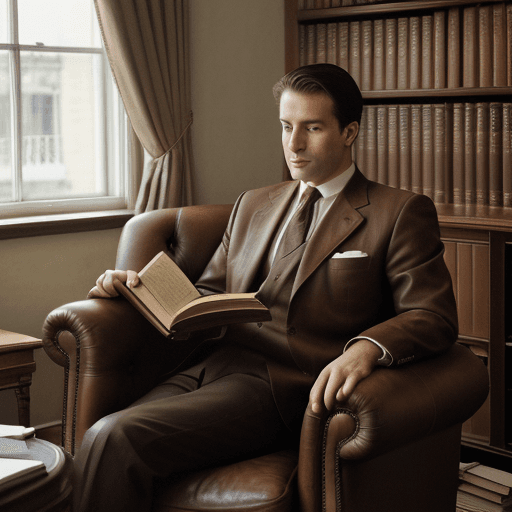 AI generated: a portrait of a lawyer doing his reading, classic suit, old book, classic setting, english brown lea...