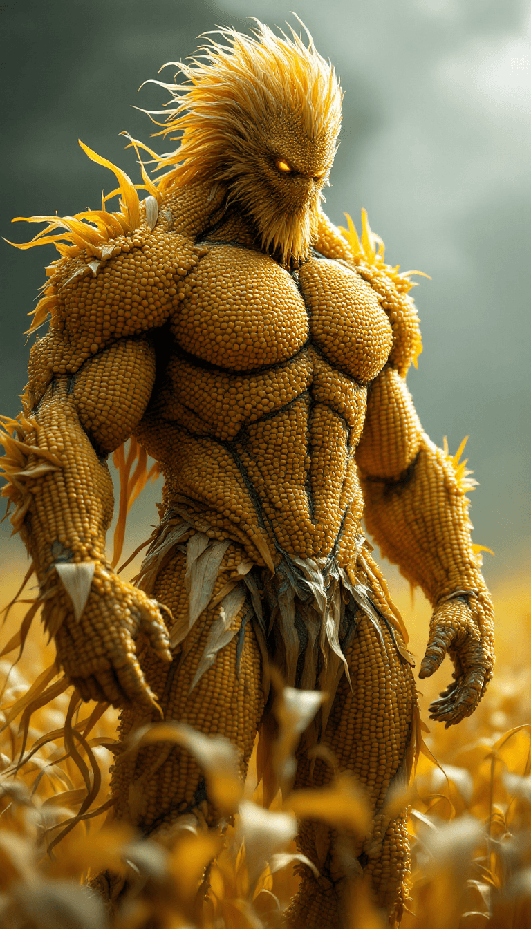 AI generated: A powerful hybrid between a man and corn, with a muscular body covered in golden kernels. His skin b...