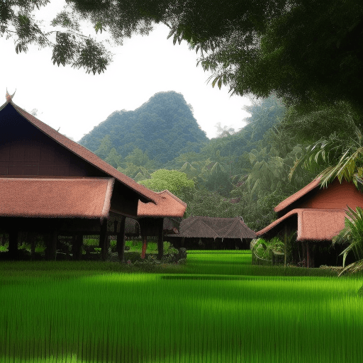 AI generated: The atmosphere of the Malay village in the olden days, many Malay wooden houses, full of Malay peopl...