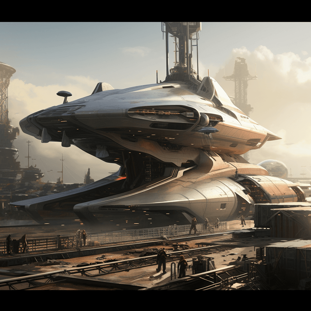 AI generated: starship in port, repairs, loading cargo, sci fi, future