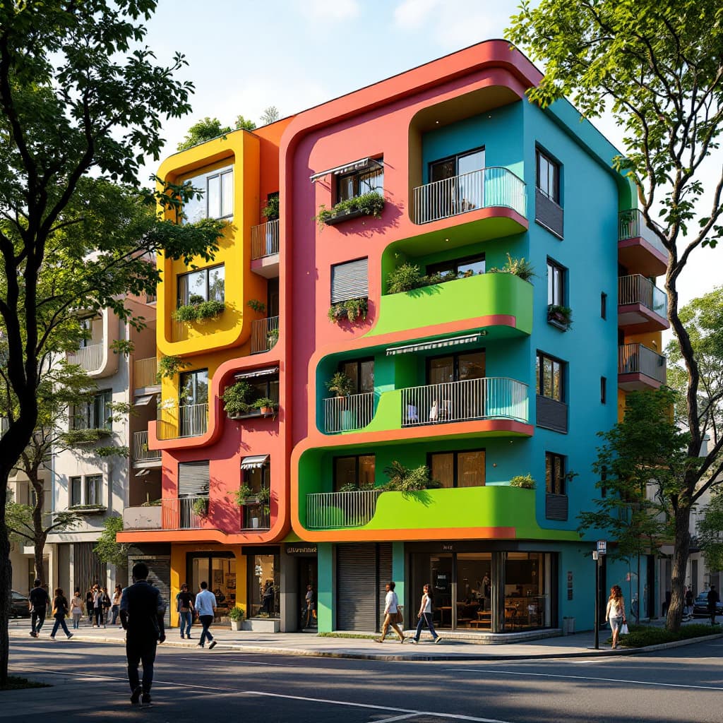 AI generated: award-wining apartments, 5 story, vibrant color, use 4 different colors on exterior, curved balconie...