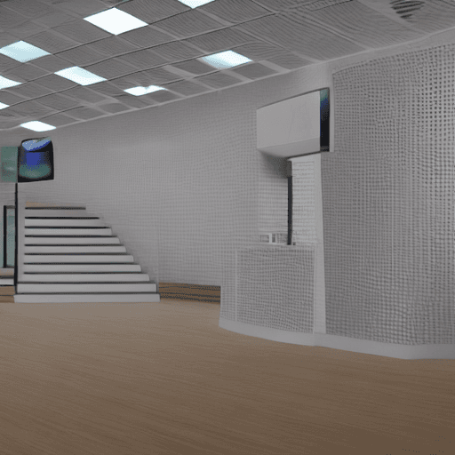 AI generated: a square platform with white noise background, which has fading checkerboard patterns in the corners