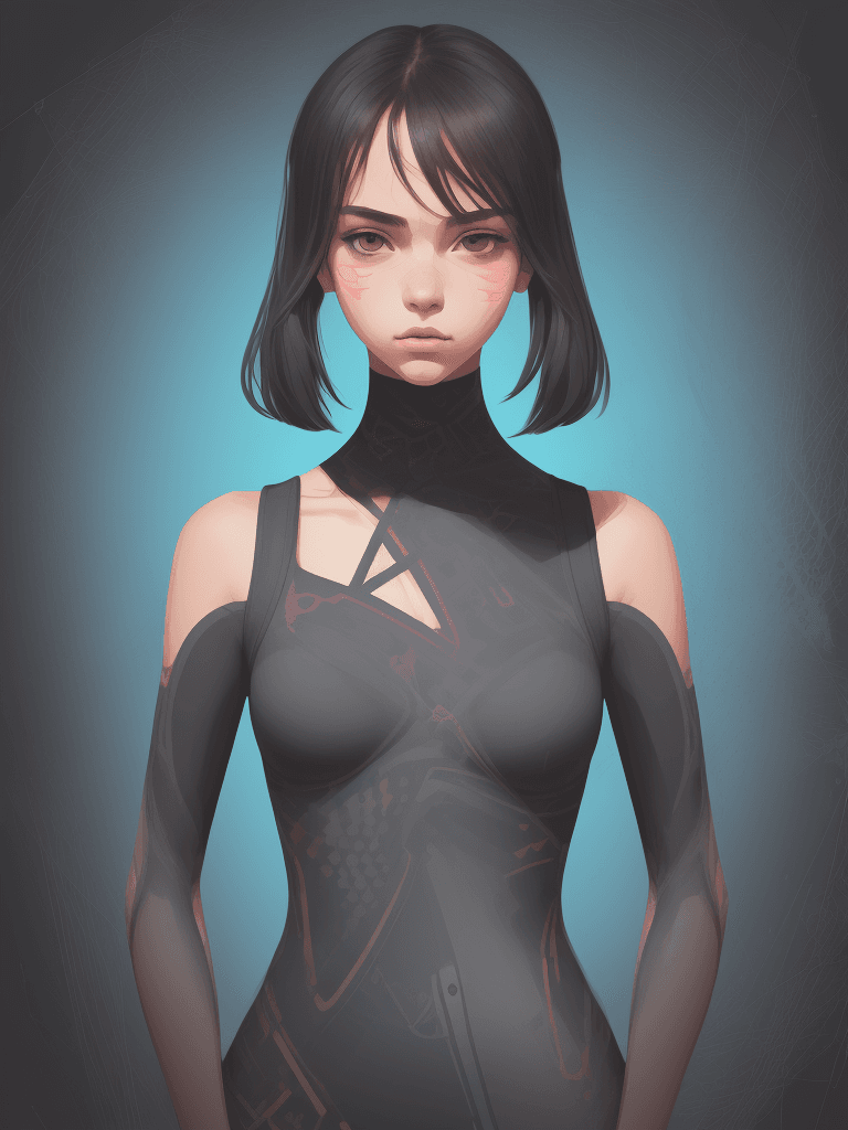 AI generated: illustration, upper-body, girl, front, face, gaze, two randomly three limit colors, outline, edges l...