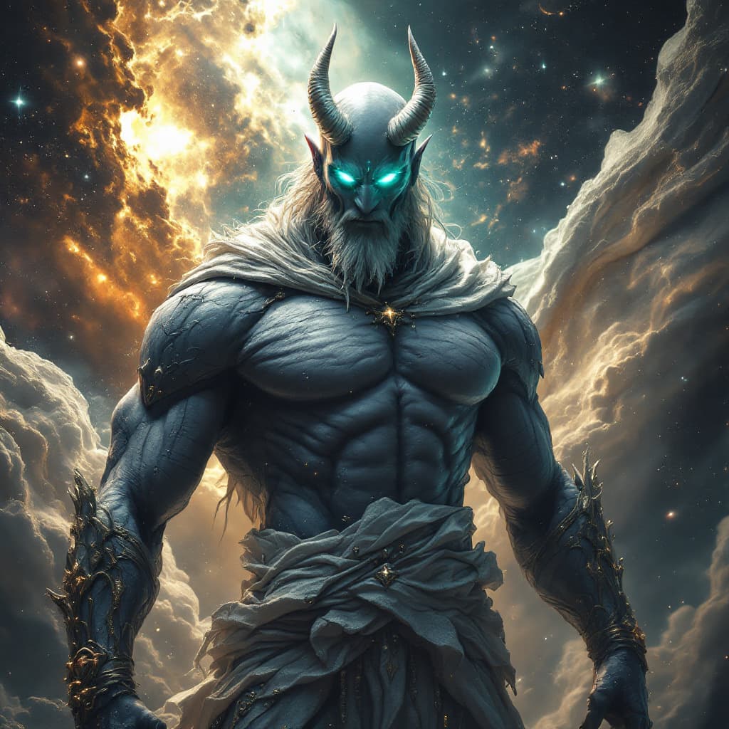 AI generated: God of Healing and sickness, full-body, Etherial, muscular, No mouth or hair, Glowing blue and green...
