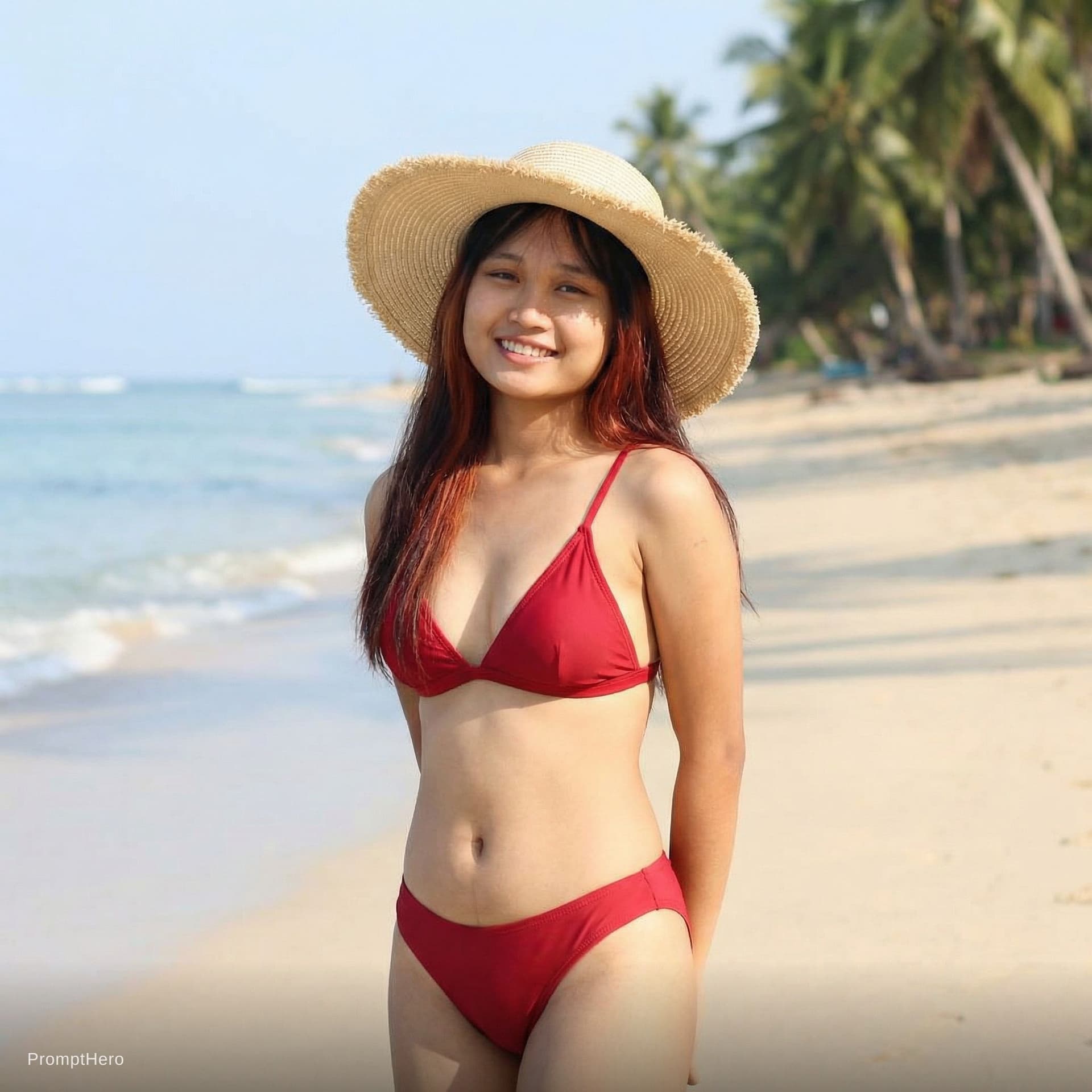 AI generated: a woman in a red bikini and a straw hat, red bikini, in a bikini, sling bikini, in bikini, cute biki...
