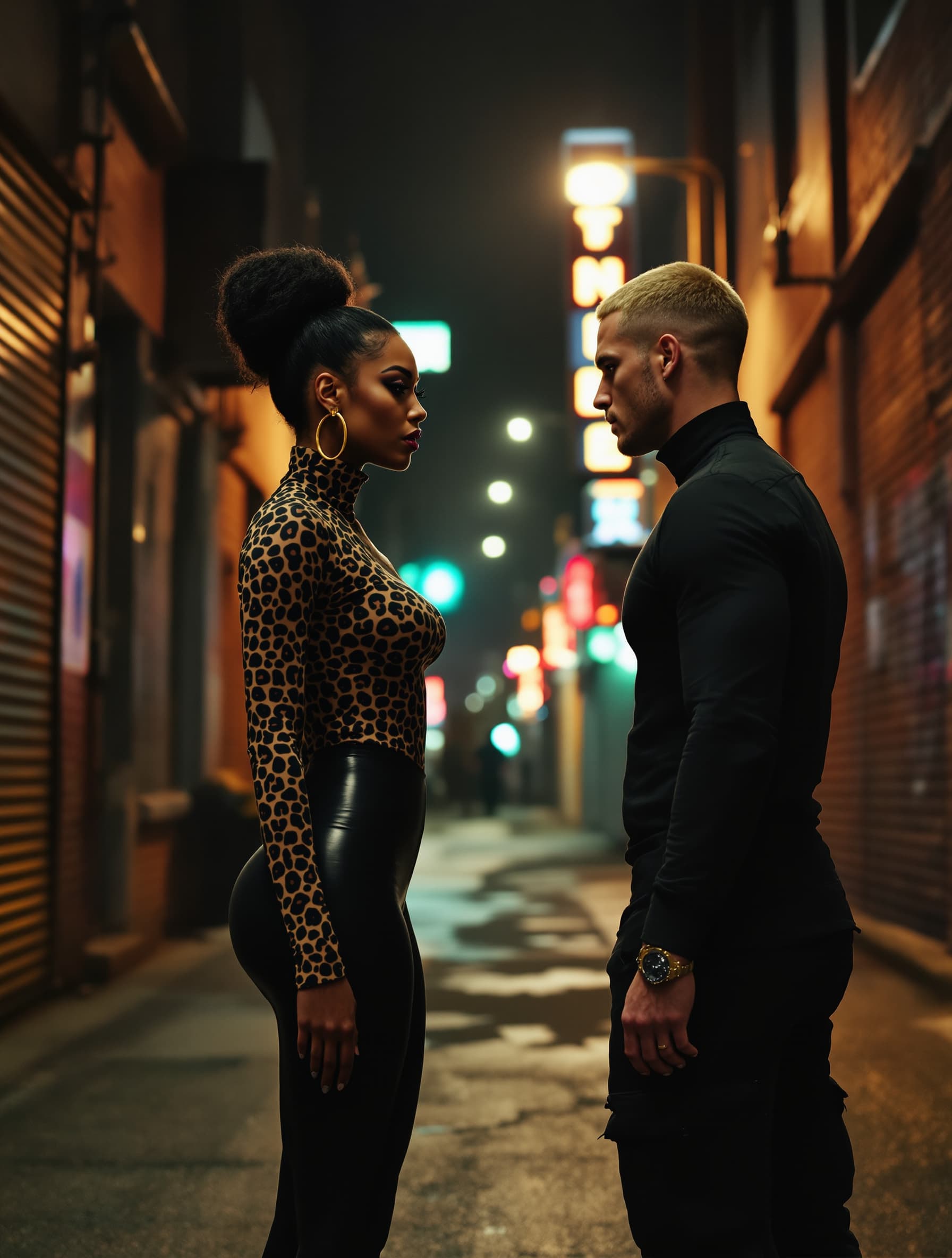 AI generated: Action scene set in a gritty urban alleyway at night, illuminated by the harsh glow of overhead indu...
