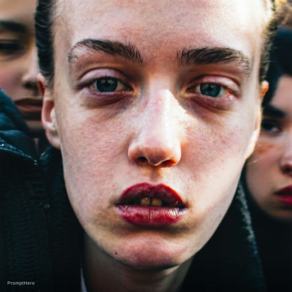 AI generated: Paparazzi-style extreme close-up photo of (reference image) with striking facial features, caught of...