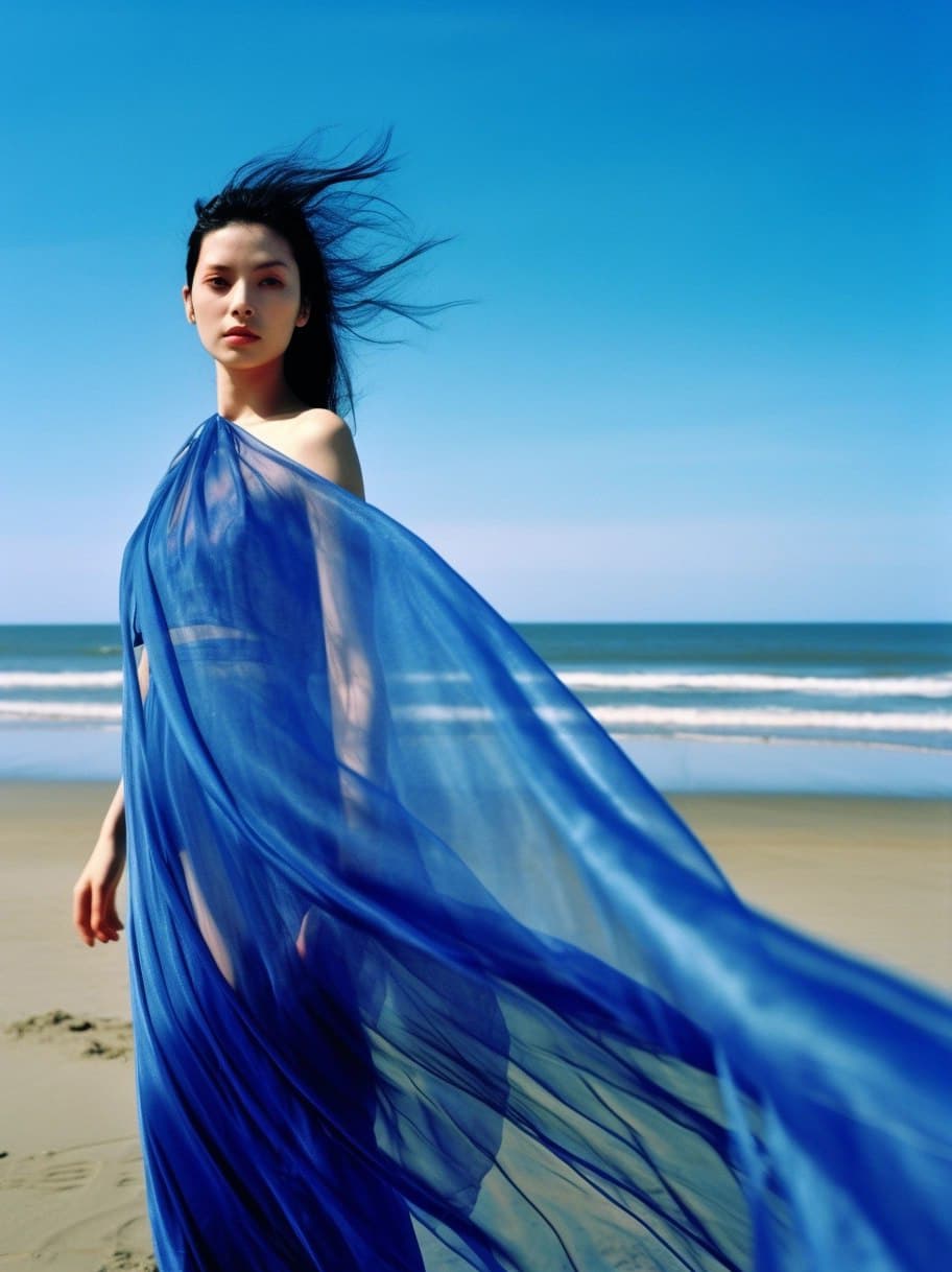 AI generated: a woman in a blue dress on the beach, in style of ren hang, fashion model features, in a style combi...