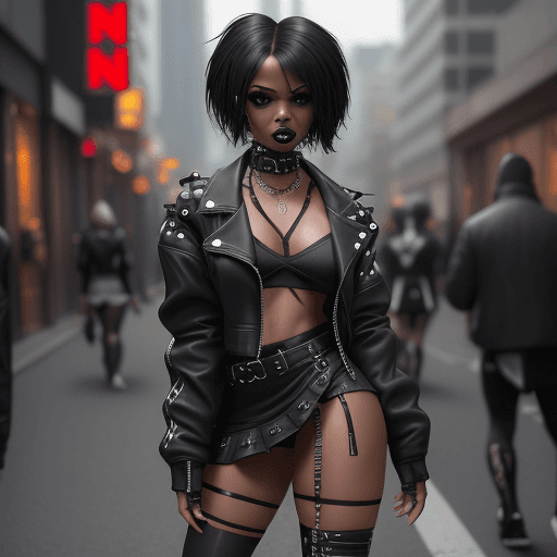 AI generated: Very Light ebony skin, natural walking, back side point of view, slutty, goth punk metalhead outfit,...