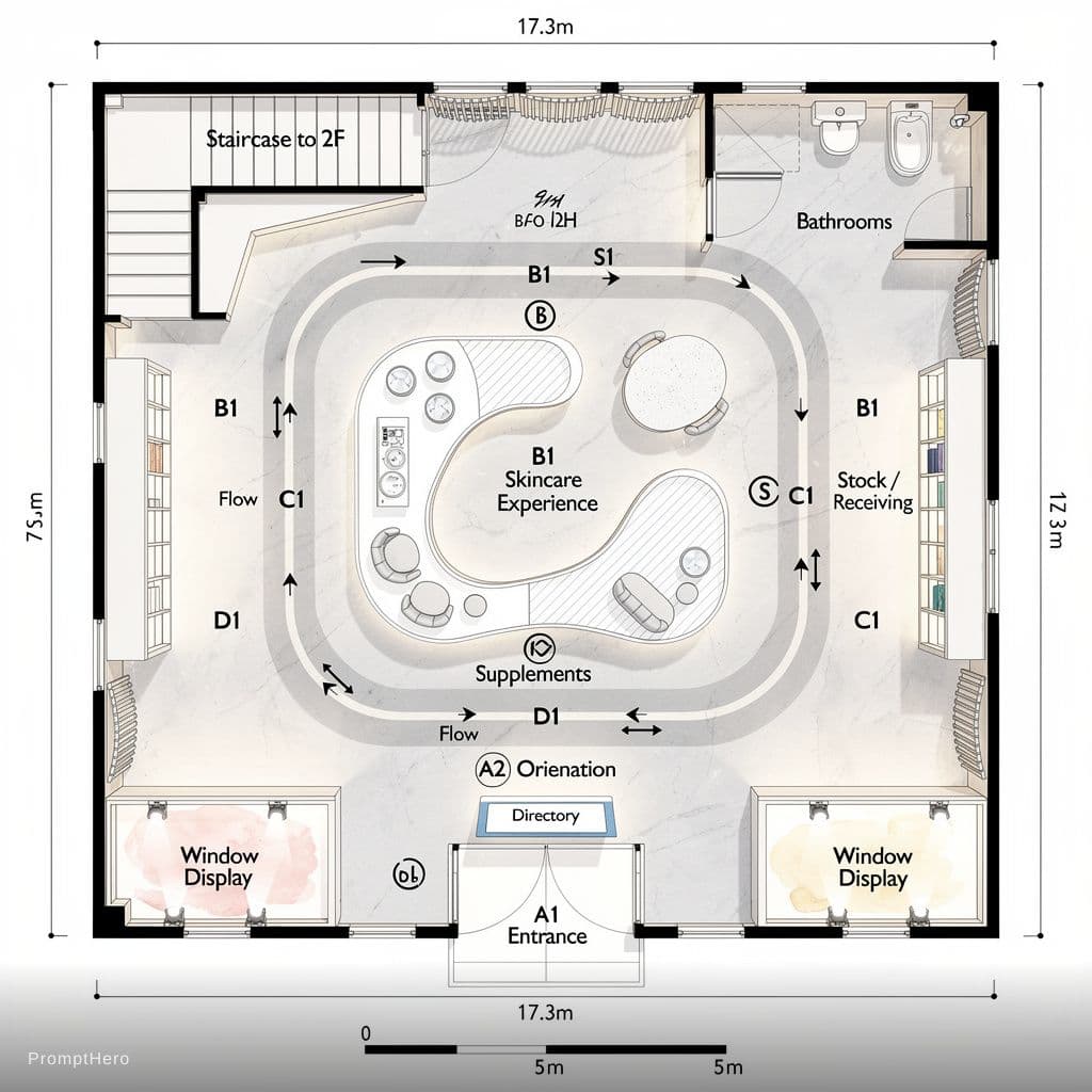 AI generated: Create a luxury flagship beauty-focused architectural floorplan visualization of a modern 300 sqm ph...
