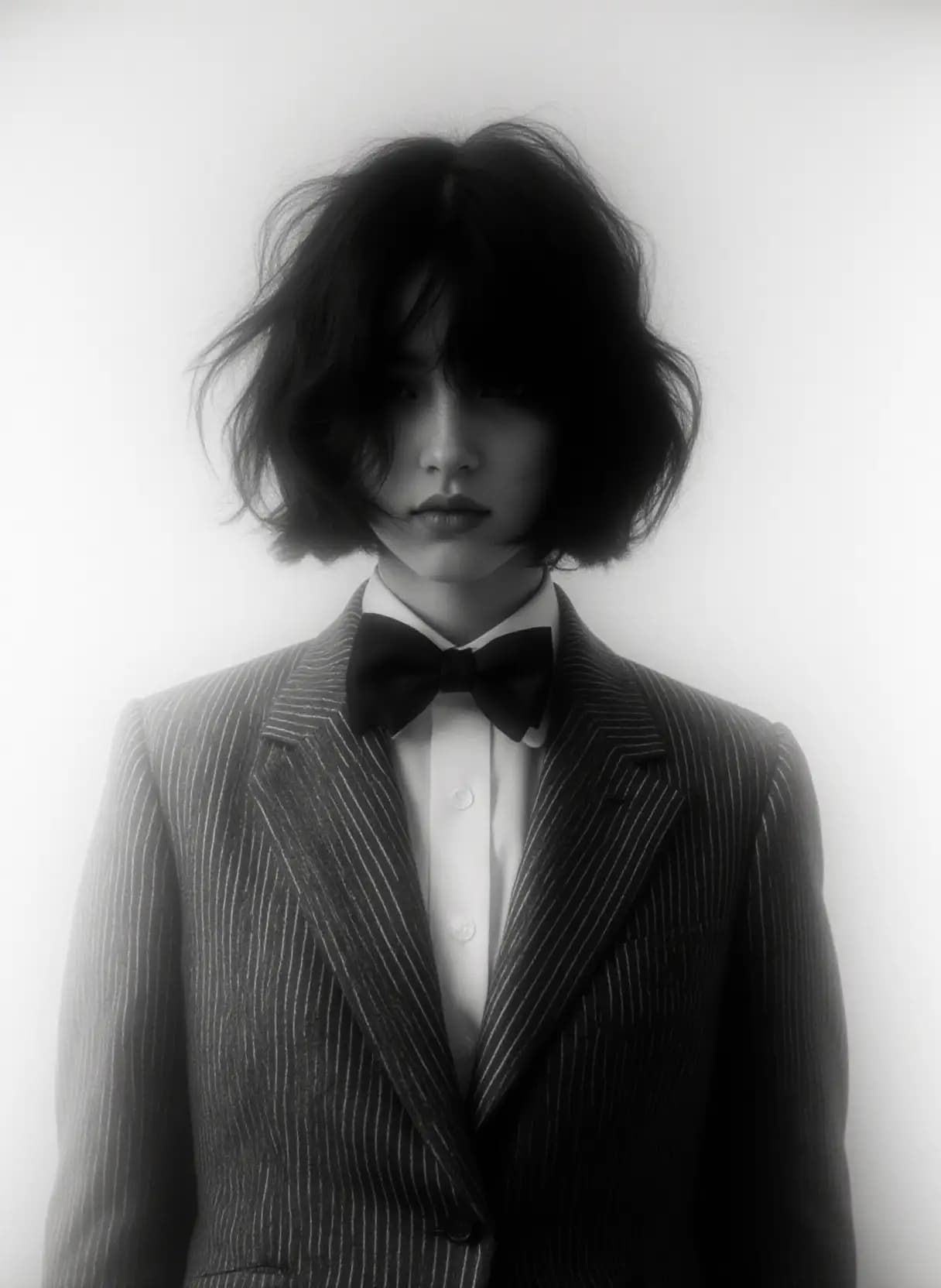 AI generated: A striking black and white portrait captures a person with a bold, asymmetrical bob hairstyle, style...