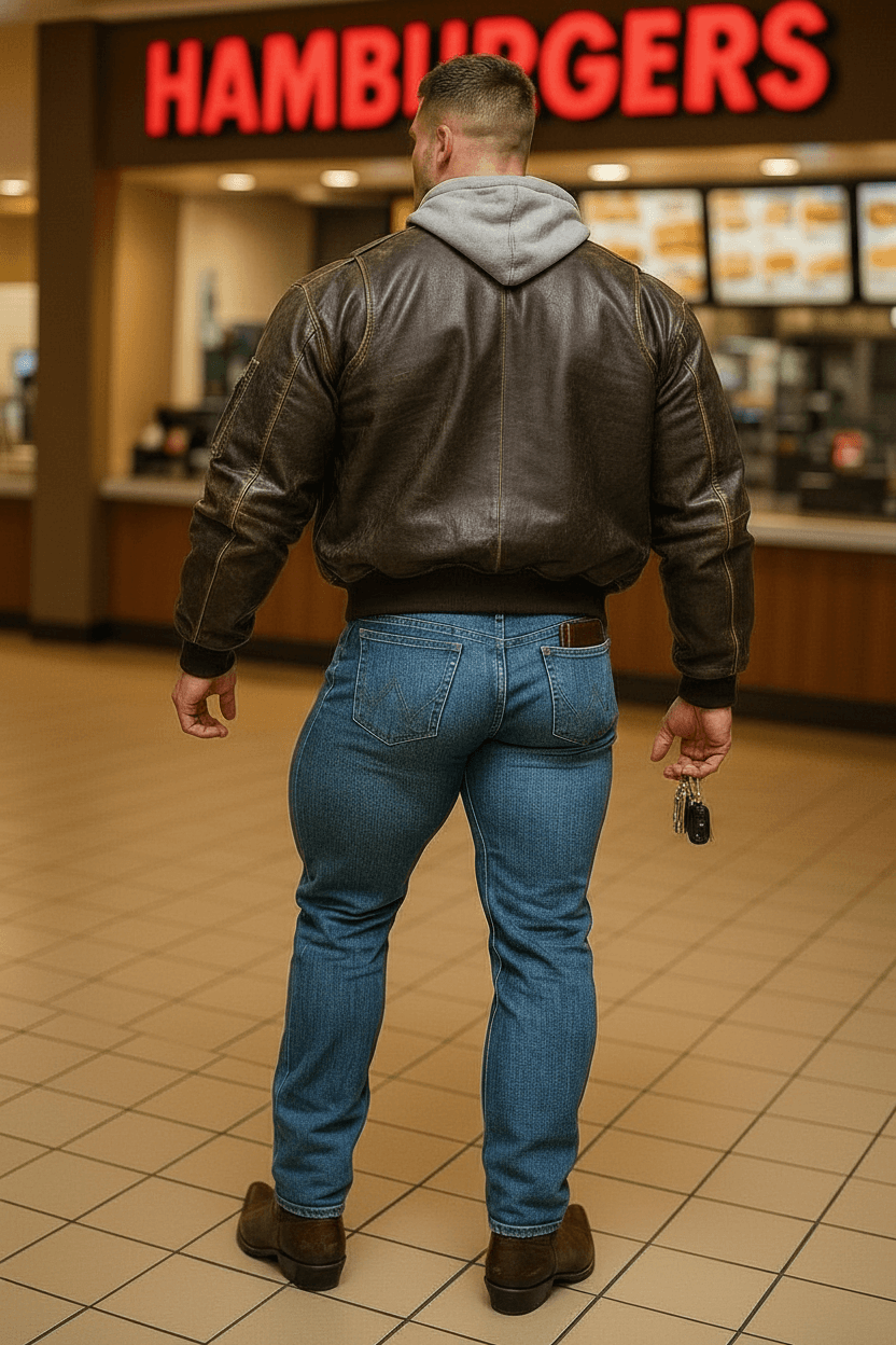 AI generated: The male is wearing a dark brown leather jacket. No bag, instead he is holding car keys. He has a wa...