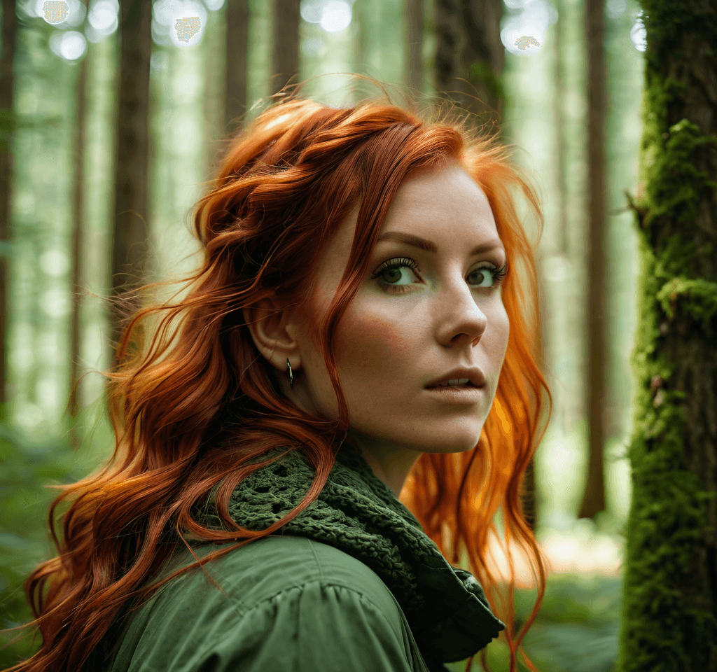 AI generated: Photo of a woman, fiery red hair, 280mm f/5. 5 lens, earthy green and brown optical, soft-focused re...