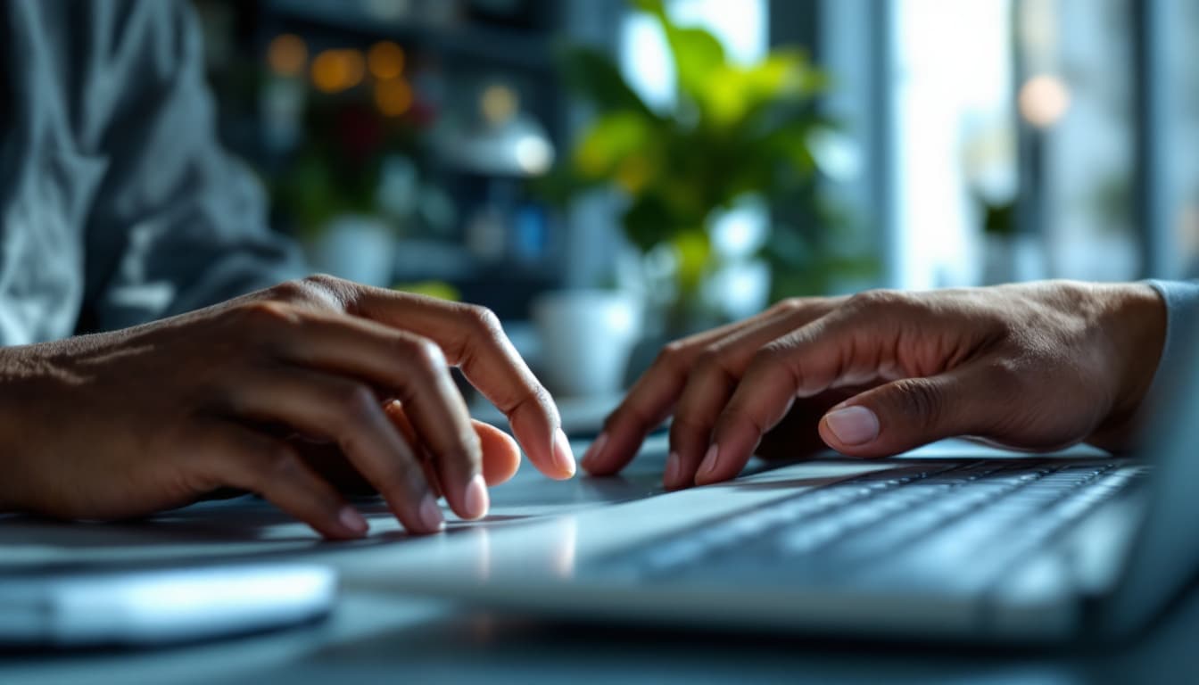 AI generated: `/imagine prompt: Tech startup team presenting new app, focus on hands:
African American developer's...