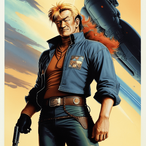 AI generated: John Wayne as an anime space cowboy like from Cowboy Bebop or Trigun:: space western theme:: western...