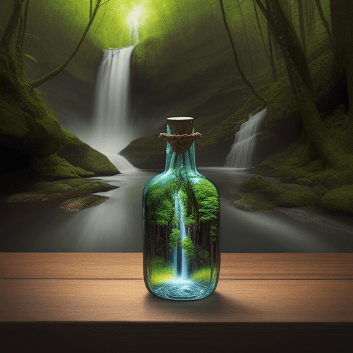 AI generated: There is a bottle on the table, and in the bottle is a forest with a waterfall.