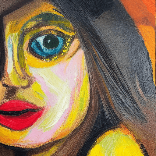 AI generated: expressionist painting, face of woman, sunflower hat, texture, 4k, detail focused, extreme details, ...