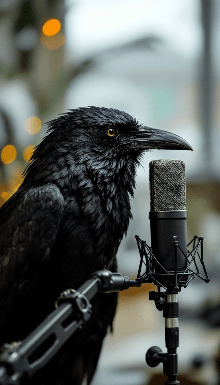 AI generated: raven crow and a condenser microphone neumann u87 edgy dark logo 4k dubber voice acting