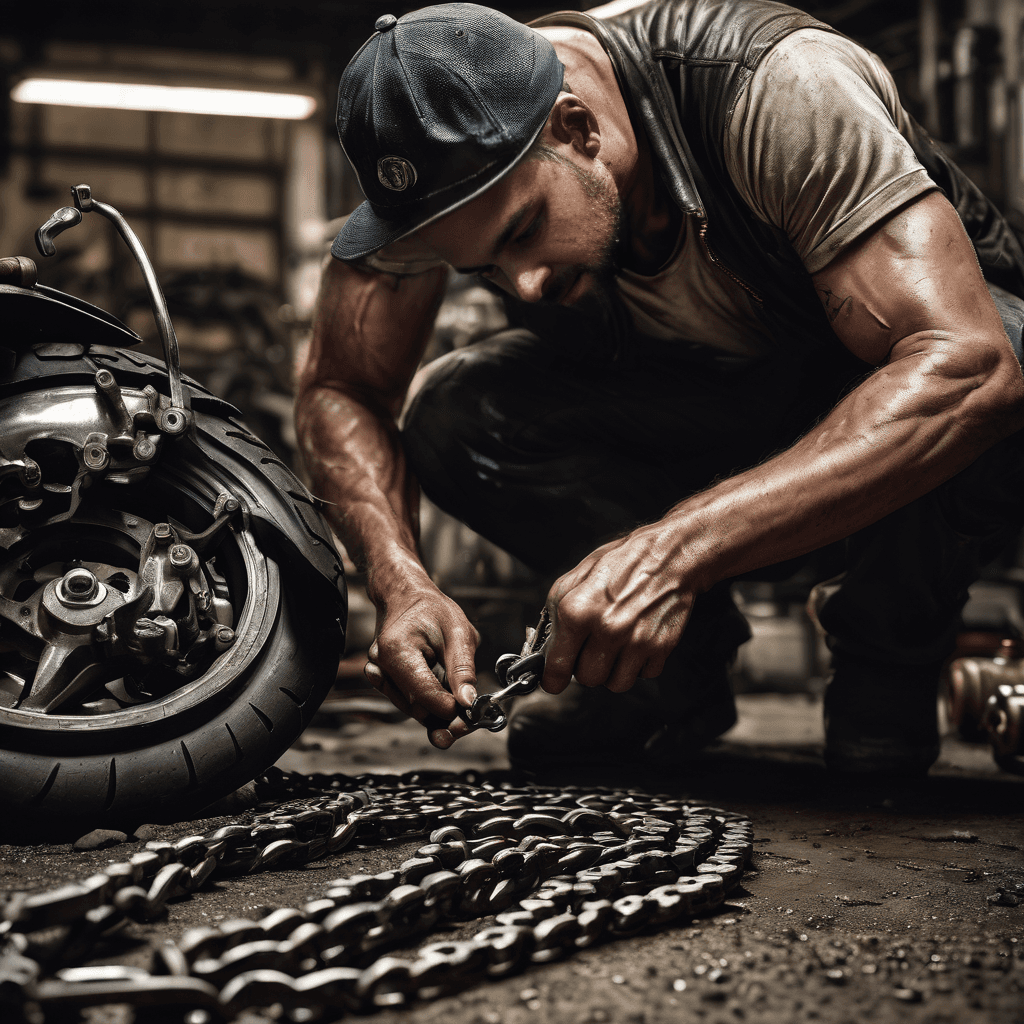 AI generated: Hyperrealistic art A dark and gritty scene of a mechanic working on a motorcycle chain, with a bottl...