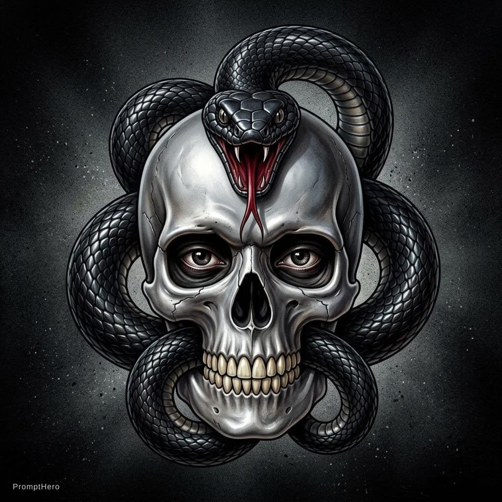 AI generated: A highly detailed 1980s airbrush-style illustration of a glossy black serpent wrapped around a smoot...