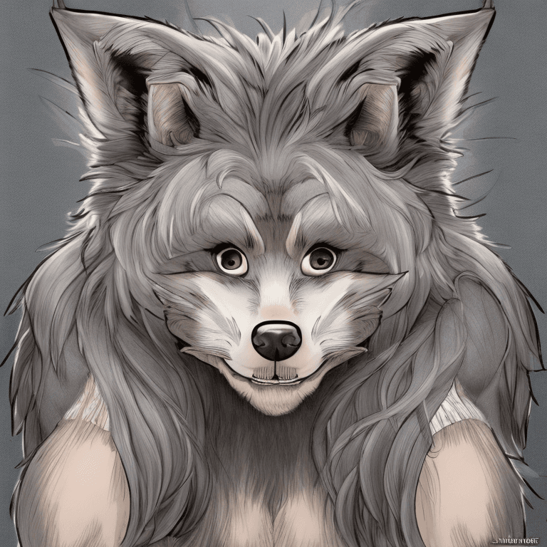 AI generated: nsfw, art, furry, anthro wolf, , smiling face, Grey hair covering eyes, naked, big wolf dick,