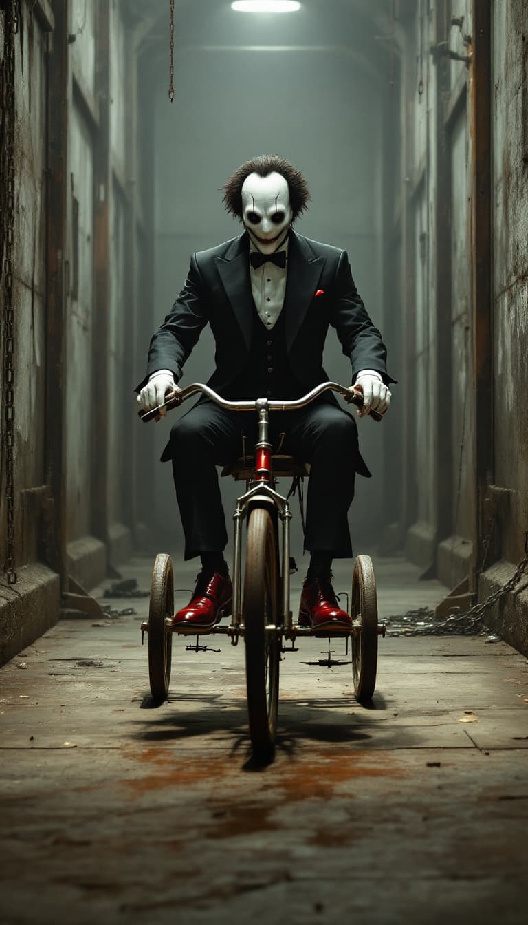 AI generated: « Epic, photorealistic full-body shot of Billy, Jigsaw’s puppet from Saw, seated ominously on an old...