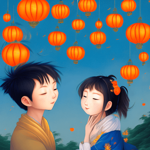AI generated: Deep blue sky, orange, Kongming lanterns flying in the sky, late at night girl and boy in love ,flow...