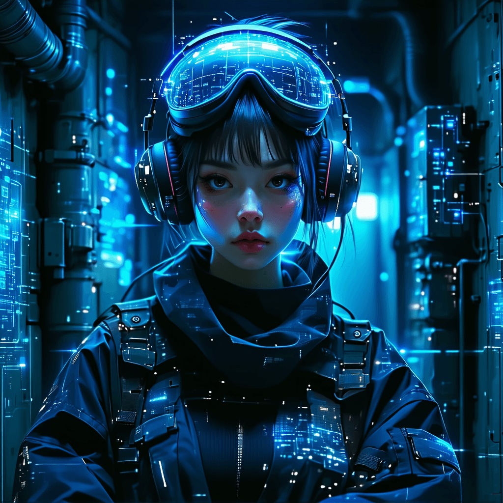 AI generated:  Portrait of a futuristic cyberpunk rebel leader, girl, centered, adorned with revolutionary tech, i...