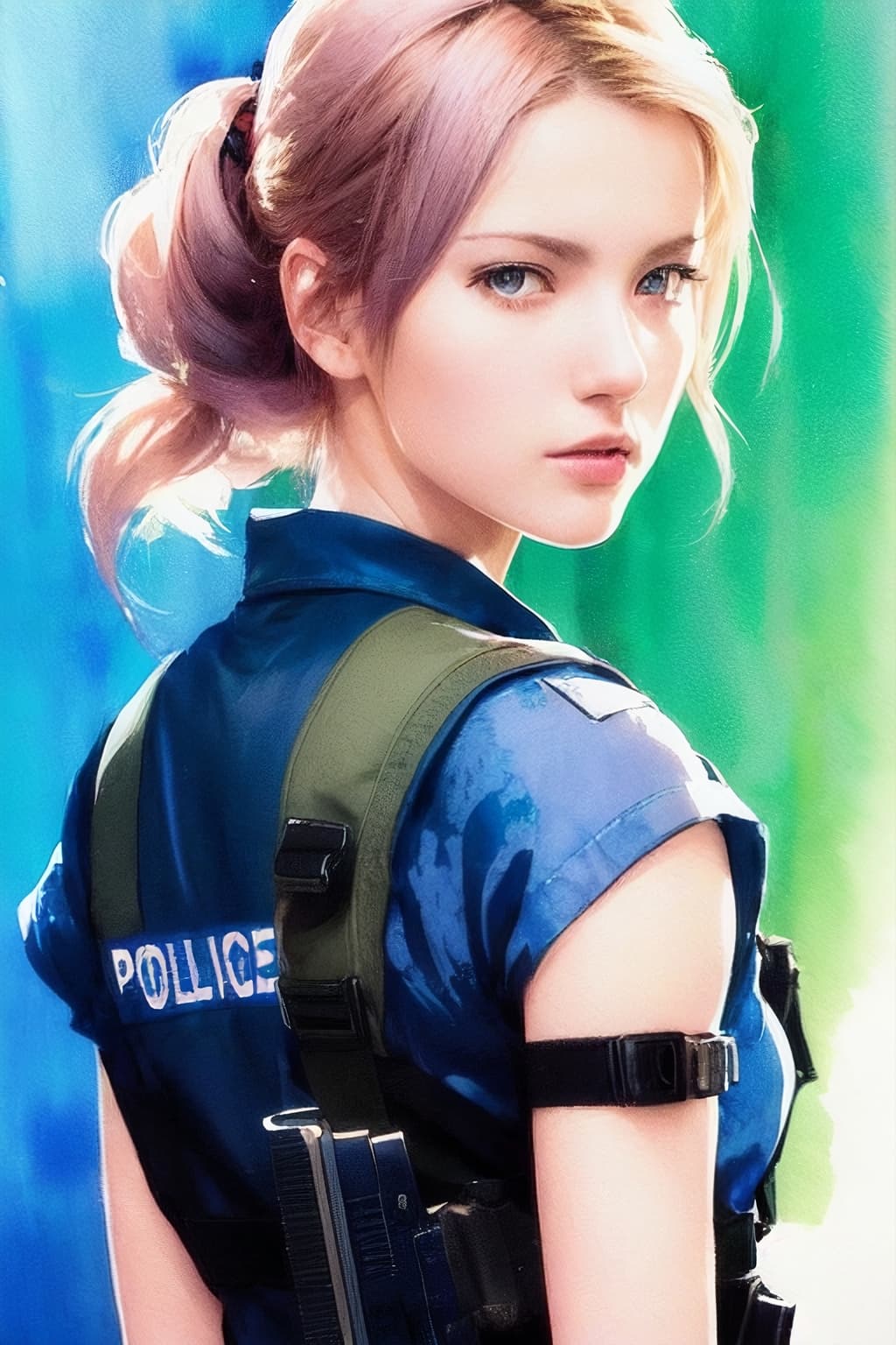 AI generated: 1girl [zotova], like jill valentine from resident evil 3, in police uniform, beautiful intricate col...