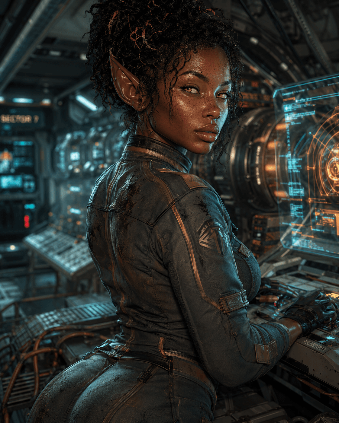 AI generated: Solo alien engineer in a futuristic spaceship engine room, shown in a close-up over-the-shoulder com...
