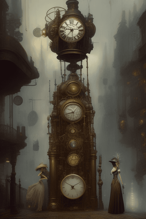 AI generated: time machine, haze, a woman in a steampunk outfit and a helmet on her head stands out of the time ma...