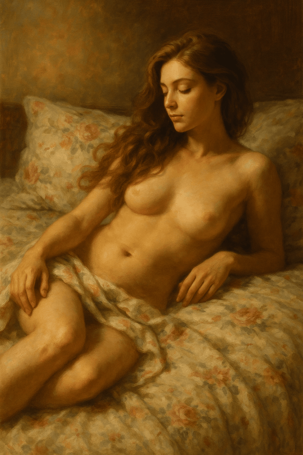 AI generated: Description: A graceful female figure reclining on a bed adorned with floral-patterned sheets, illum...