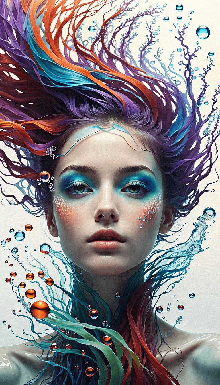 AI generated: Frontal portrait of a whimsical and colorful woman resembling a mermaid or siren. Fair complexion, y...