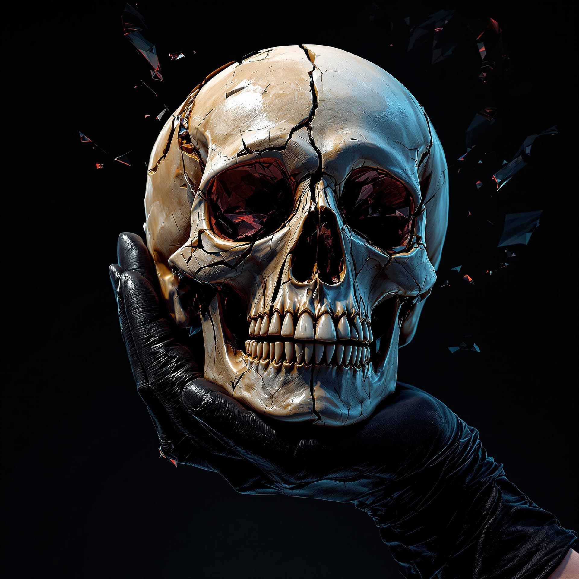 AI generated: 3d realistic black gloved hand holding a crushed skull with a dark abstract colored background, hype...