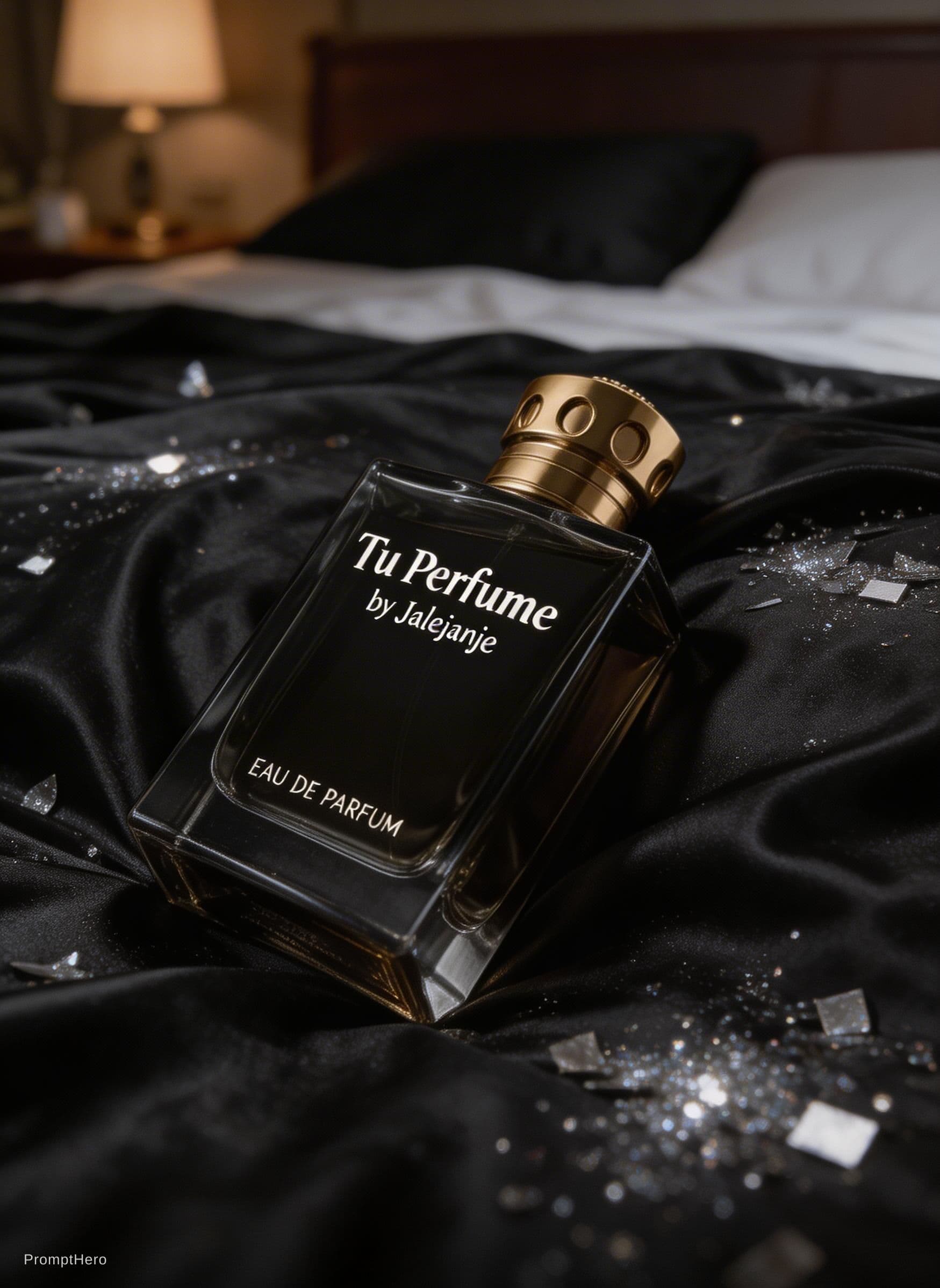 AI generated: Depressive sad perfume bottle, write "Tu Perfume" by Jalejanje eau de parfum, lying on bed hotel aft...