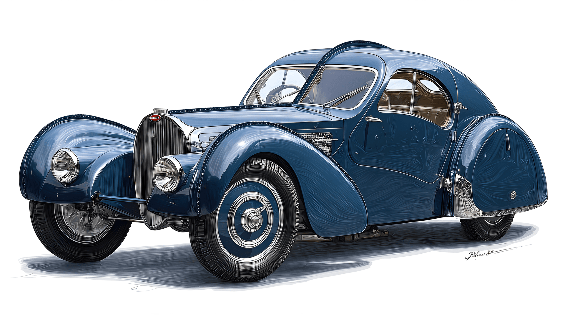 AI generated: classic 1938 Bugatti Type 57SC Atlantic, illustrated in a detailed clipart style, showcasing
its sw...