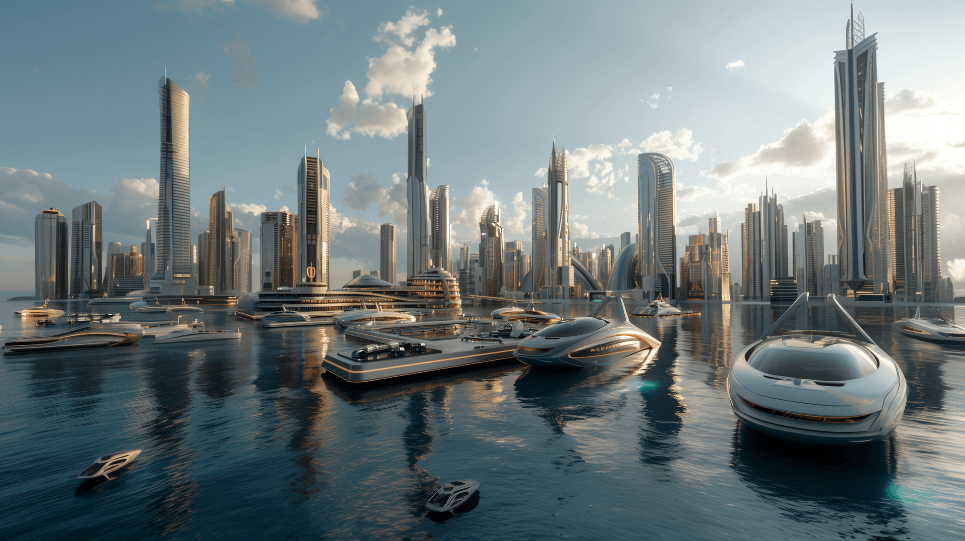 AI generated: 3D future city with tall buildings and futuristic architecture, futuristic seaport with floating doc...