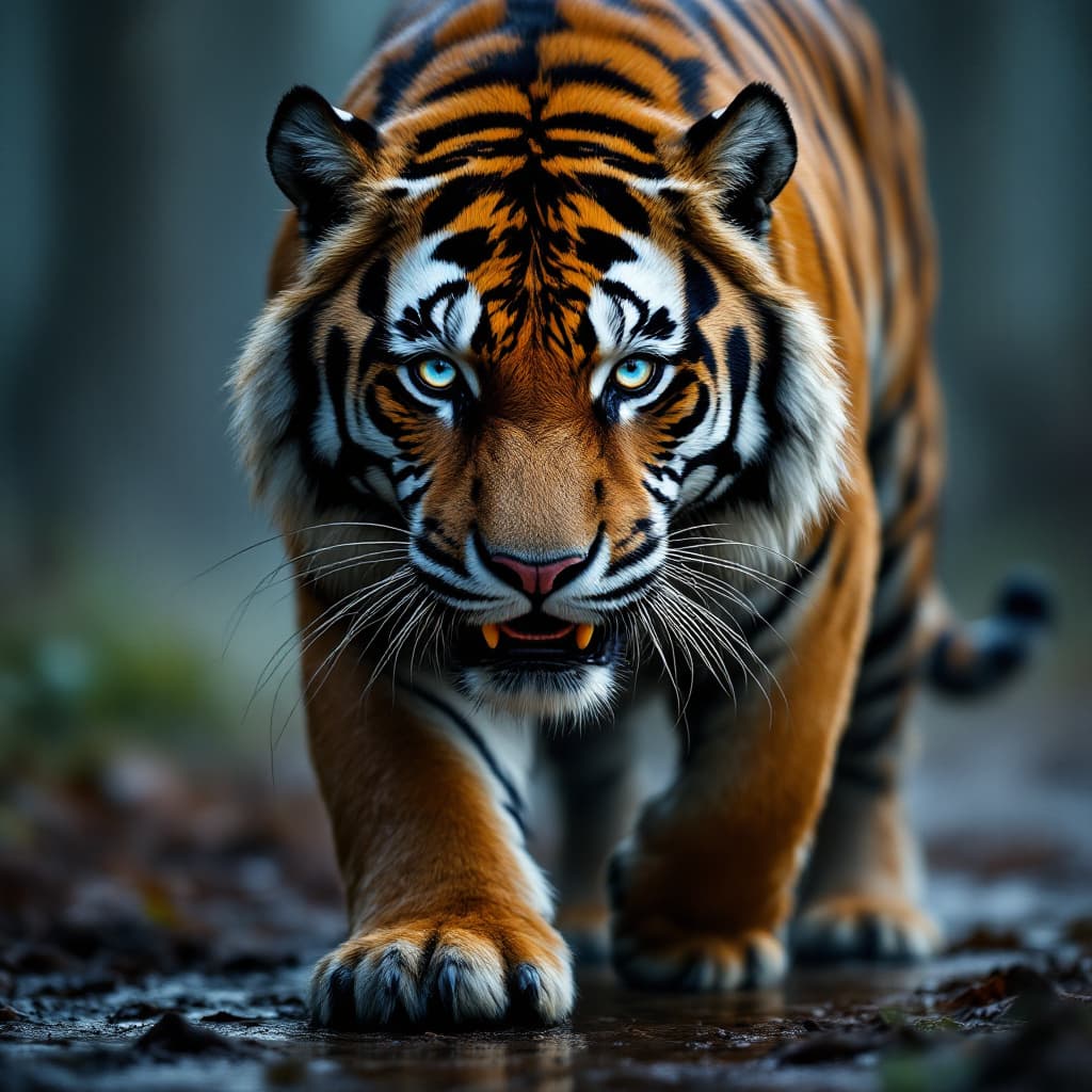 AI generated:  saber-toothed tiger
The image captures an intense close-up of a  saber-toothed tiger walking toward...