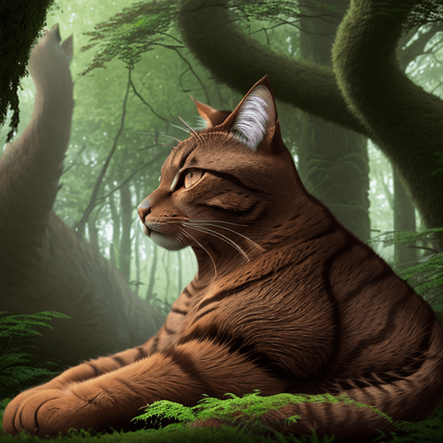 AI generated: side view of a nice, wise, giant brown cat resting in a prehistoric forest,  side view, 8k