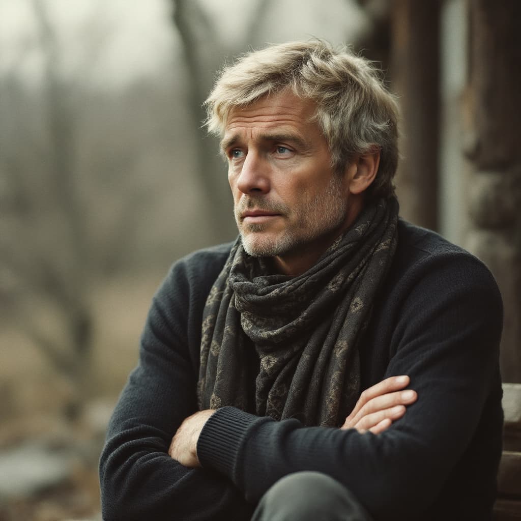 AI generated: portrait of a thoughtful man in his mid-40s sitting outdoors with arms crossed, wearing a dark sweat...