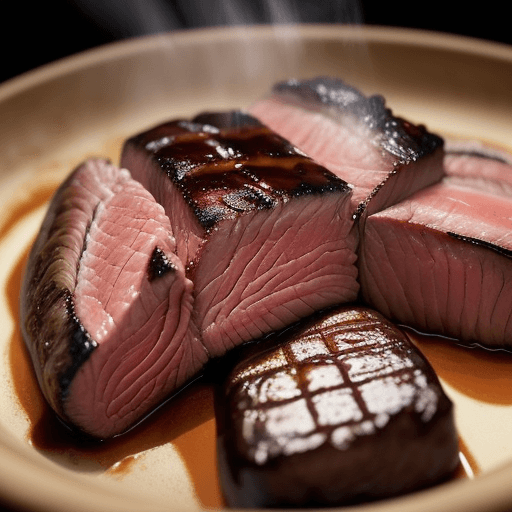 AI generated: Capture a close-up shot of a mouth-watering sliced beef medium rare barbeque , exuding tempting allu...