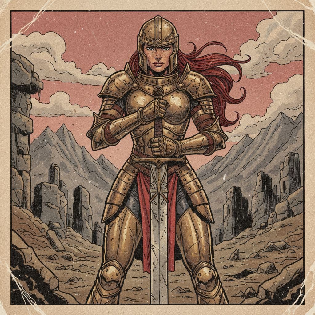 AI generated: Comic book realistic illustration, full body shot of a adult gorgeous warrior woman with thick aesth...