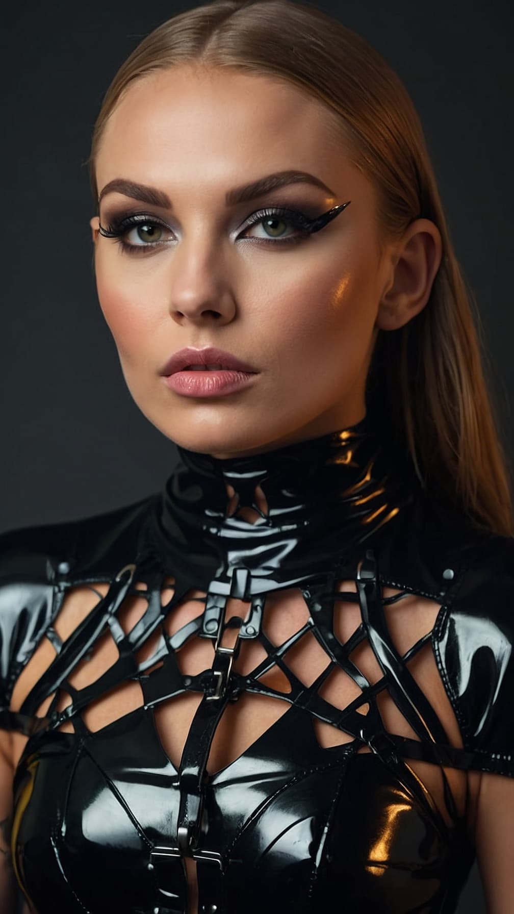 AI generated: Beautiful detailed portrait of an intricate Woman in  short cutout latex fetish outfit 